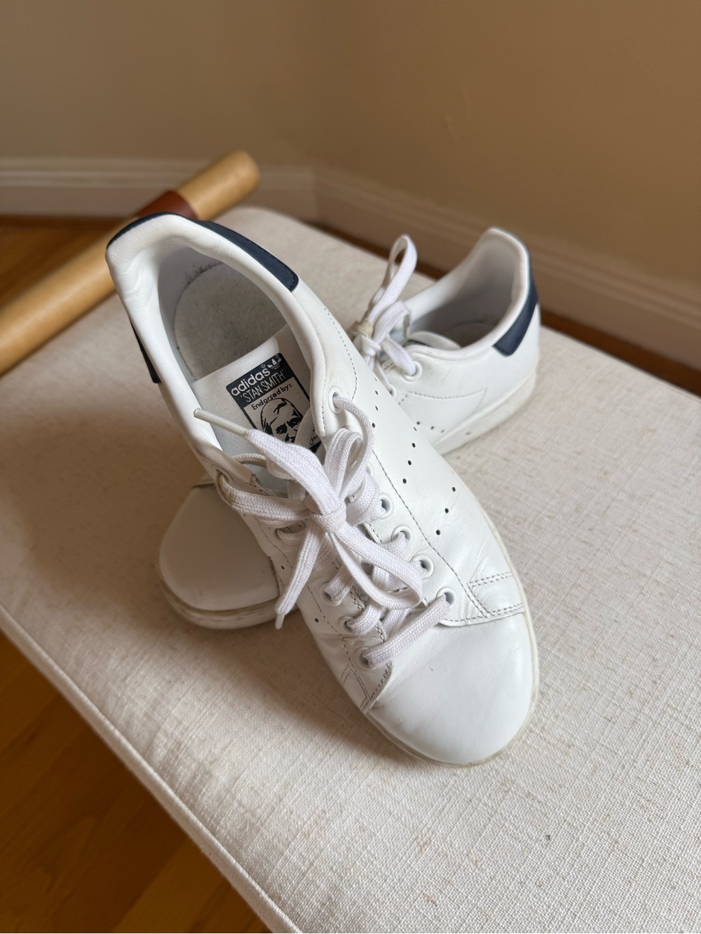 adidas Stan Smith White Leather Sneakers with Navy Heel Tab